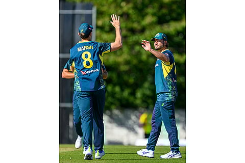 Scotland Vs Australia, 1st T20I: Australia's Marcus Stoinis, right, celebrates after taking a catch
